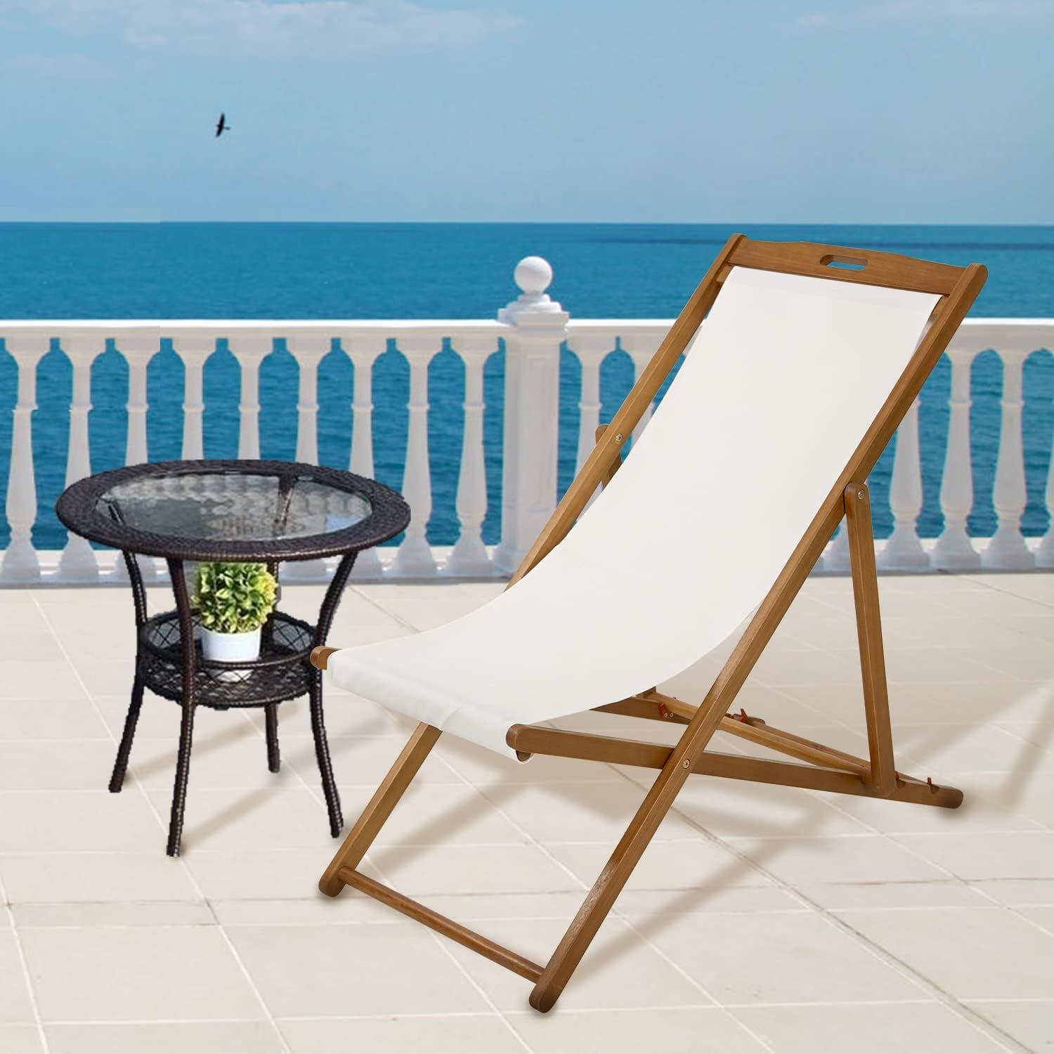 Beach Sling Chair Set, Folding Adjustable Frame Patio Lounge Chair Set of 2 Outdoor Solid Wood Frame Portable Reclining Beach Chair with White Polyester Canvas 3 Level for Beach Swimming Pool