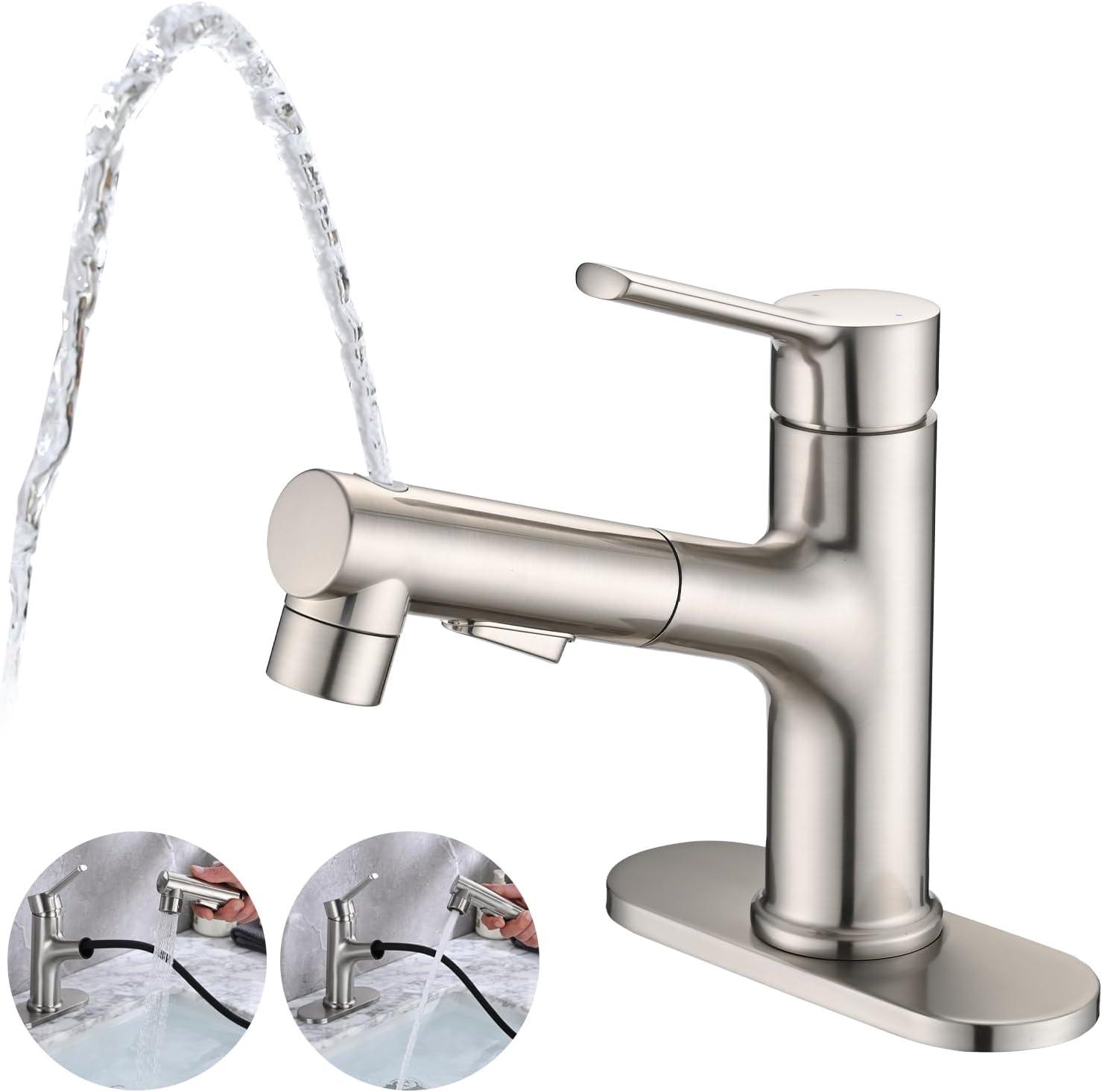 Single Handle 1 or 3-Hole Bathroom Faucet with Deckplate Included and Pull Out Sprayer in Brushed Gold