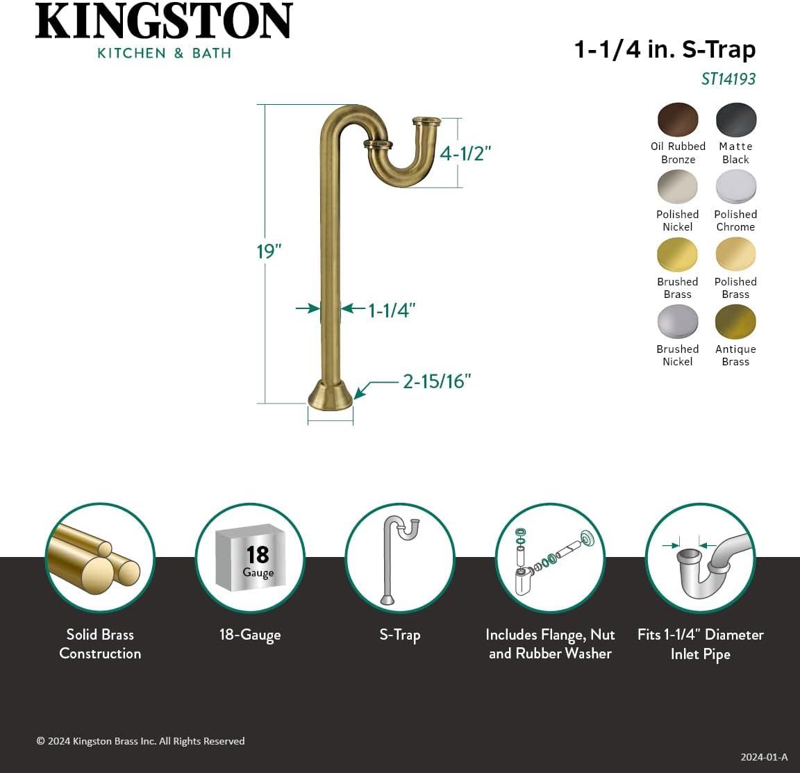 Kingston Brass ST14190 Kingston Brass Vintage 1-1/4 Inch Brass S-Trap, 18 Gauge