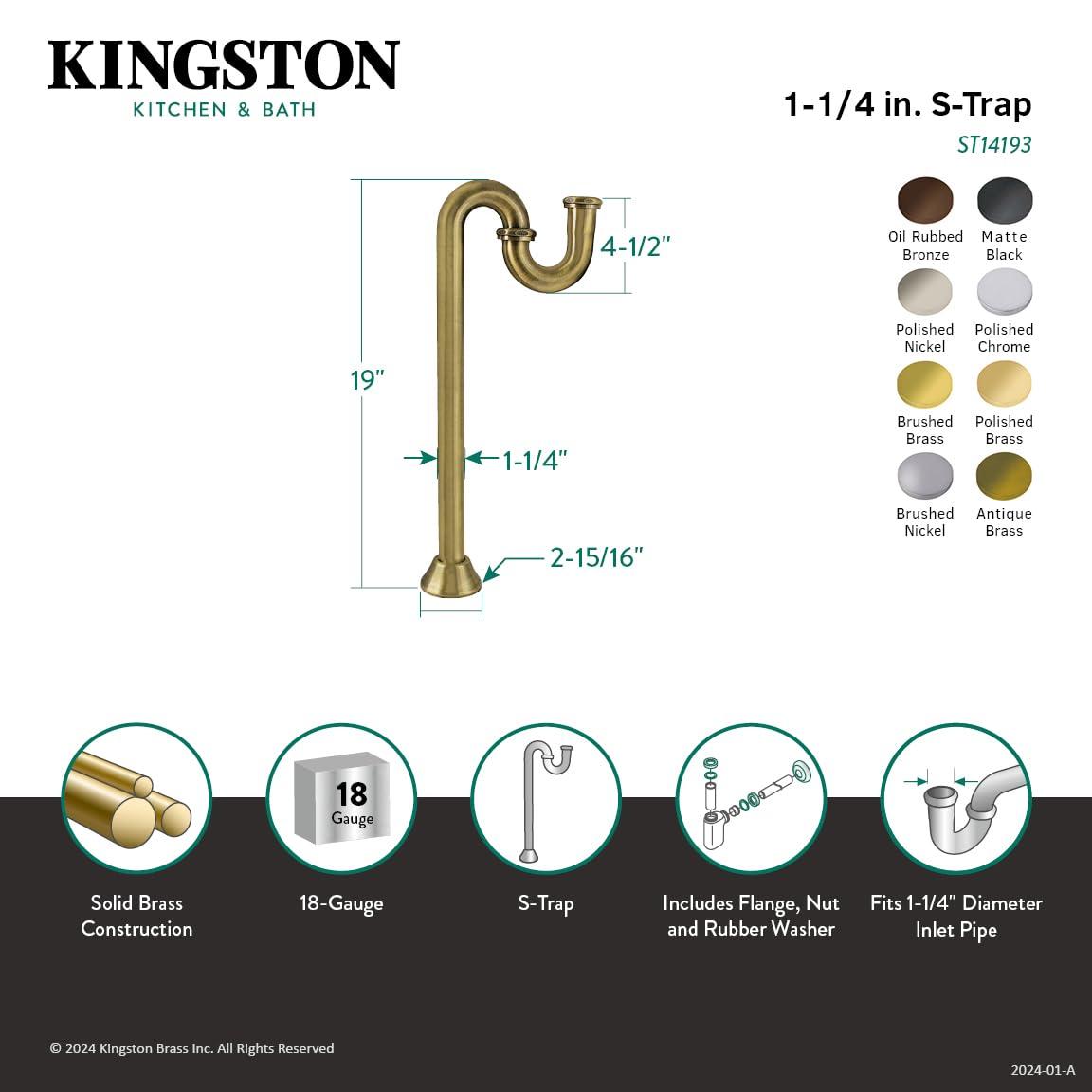 Kingston Brass ST14190 Kingston Brass Vintage 1-1/4 Inch Brass S-Trap, 18 Gauge