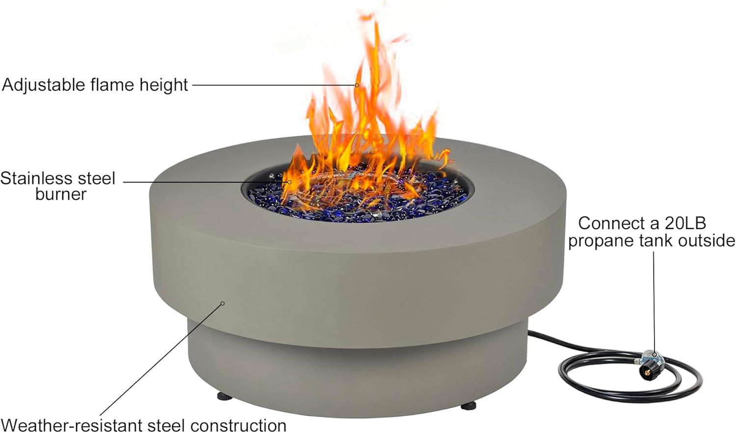 BAIDE HOME 32.5" Square Steel Low Profile Gas Fire Pit Table, 50,000 BTU Outdoor Propane Fire Pit with Lid, Glass Rocks, Cover, Pre-attached 10ft Propane Hose