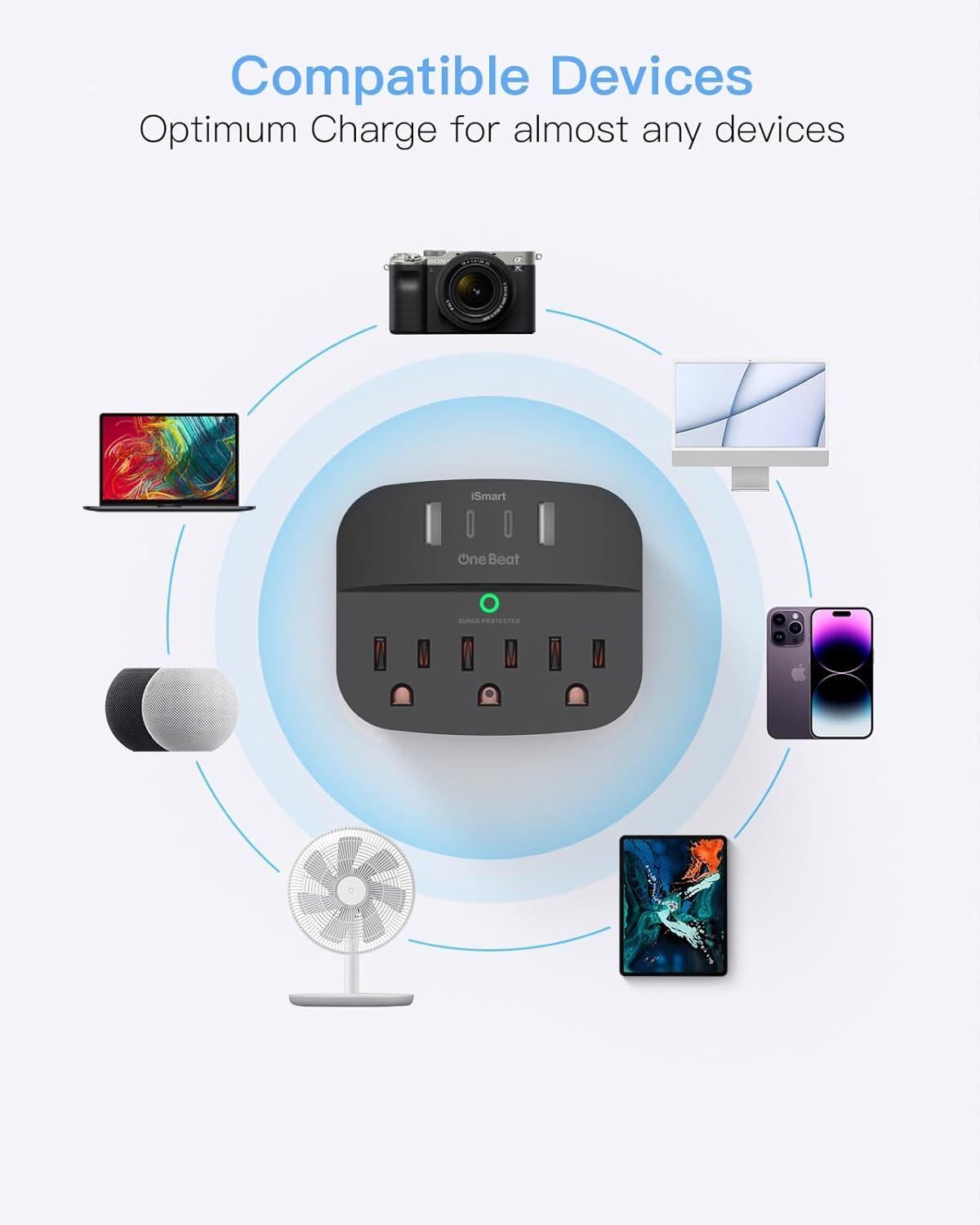 White Compact Surge Protector Wall Tap with USB Ports