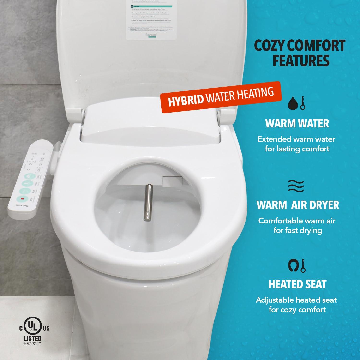Barumi BM-5000 Electric Elongated Bidet for Toilet, Warm Seat & Air Dryer, Warm Water & Pressure, Self-Cleaning, Child Mode, Eco Mode, Night Light, Hybrid Heating, Soft Close Lid