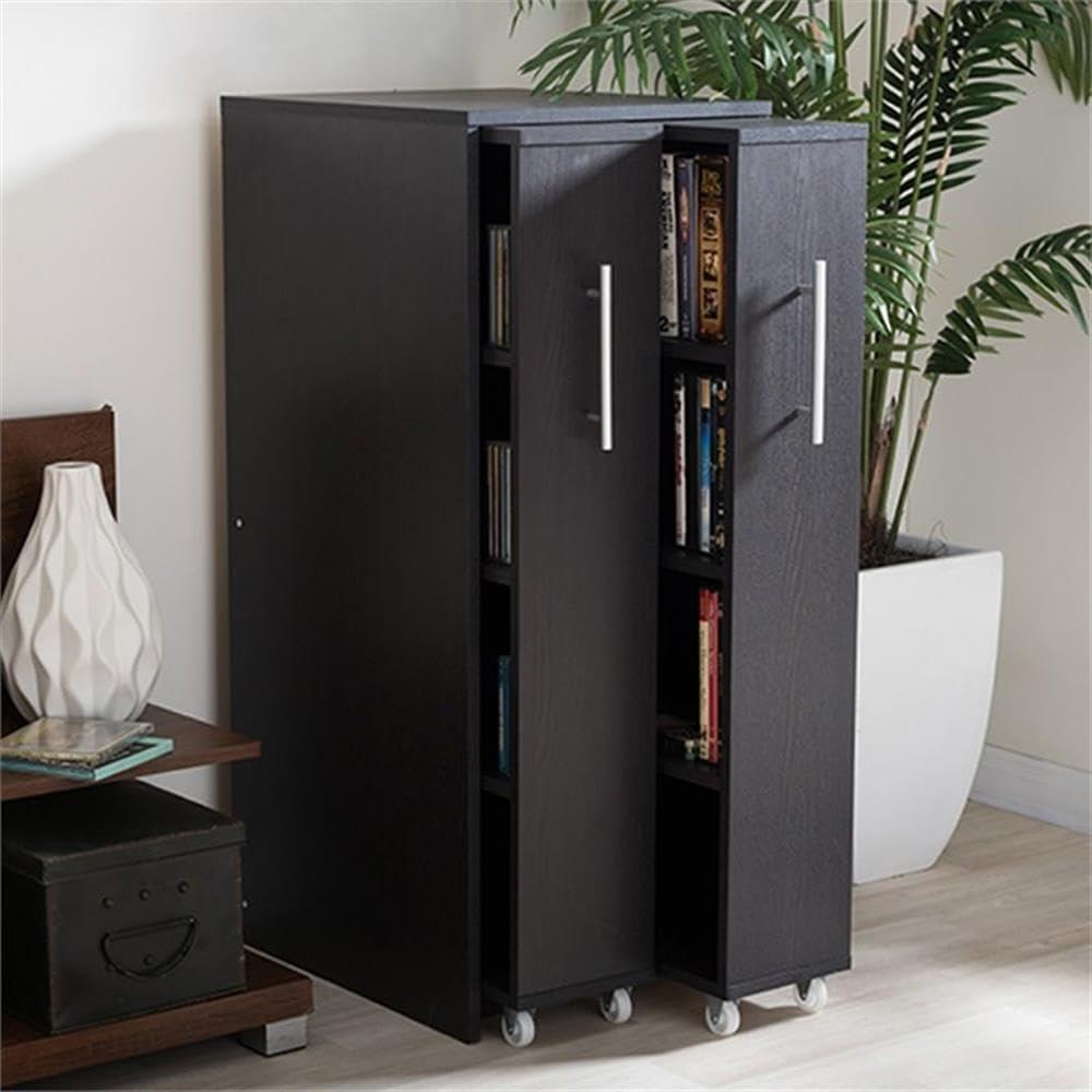 Baxton Studio Lindo Wood Bookcase with Two Pulled-out Doors Shelving Cabinet - Dark Brown: Media Storage, 10 Shelves, 54.25" Height