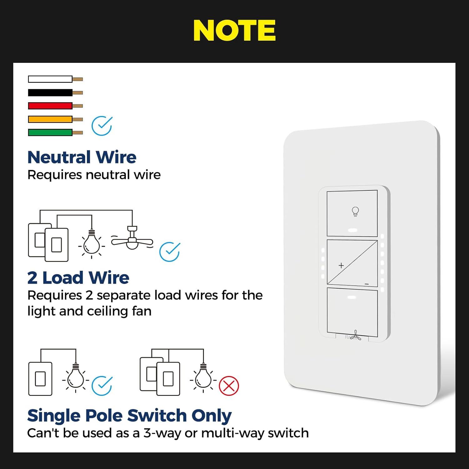 Smart Ceiling Fan Control and Light Dimmer Switch, Compatible with Alexa/Google Assistant/Smart Life, Neutral Wire Required, Single Pole Fan Light Switch, 2.4G Wi-Fi only, Timer, No Hub Required, 1PC
