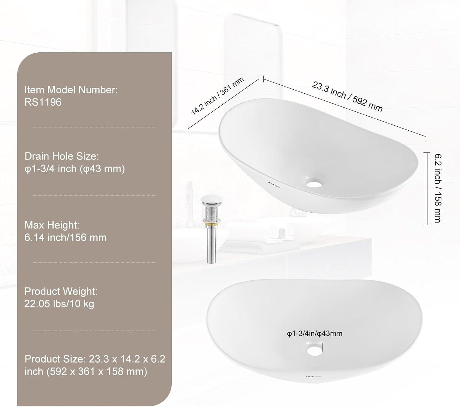 White Oval Ceramic Above-Counter Vessel Sink with Drain