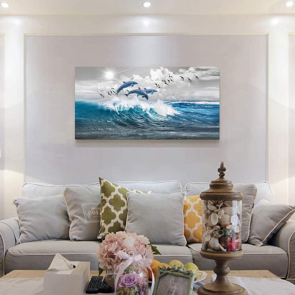 Chilfamy Wall Decorations For Living Room Canvas Wall Art For Bedroom Blue Waves Of The Sea Wall Pictures Artwork Office Canvas Art Print Dolphins Wall Paintings Ready To Hang Home Decor 20x16 Inch