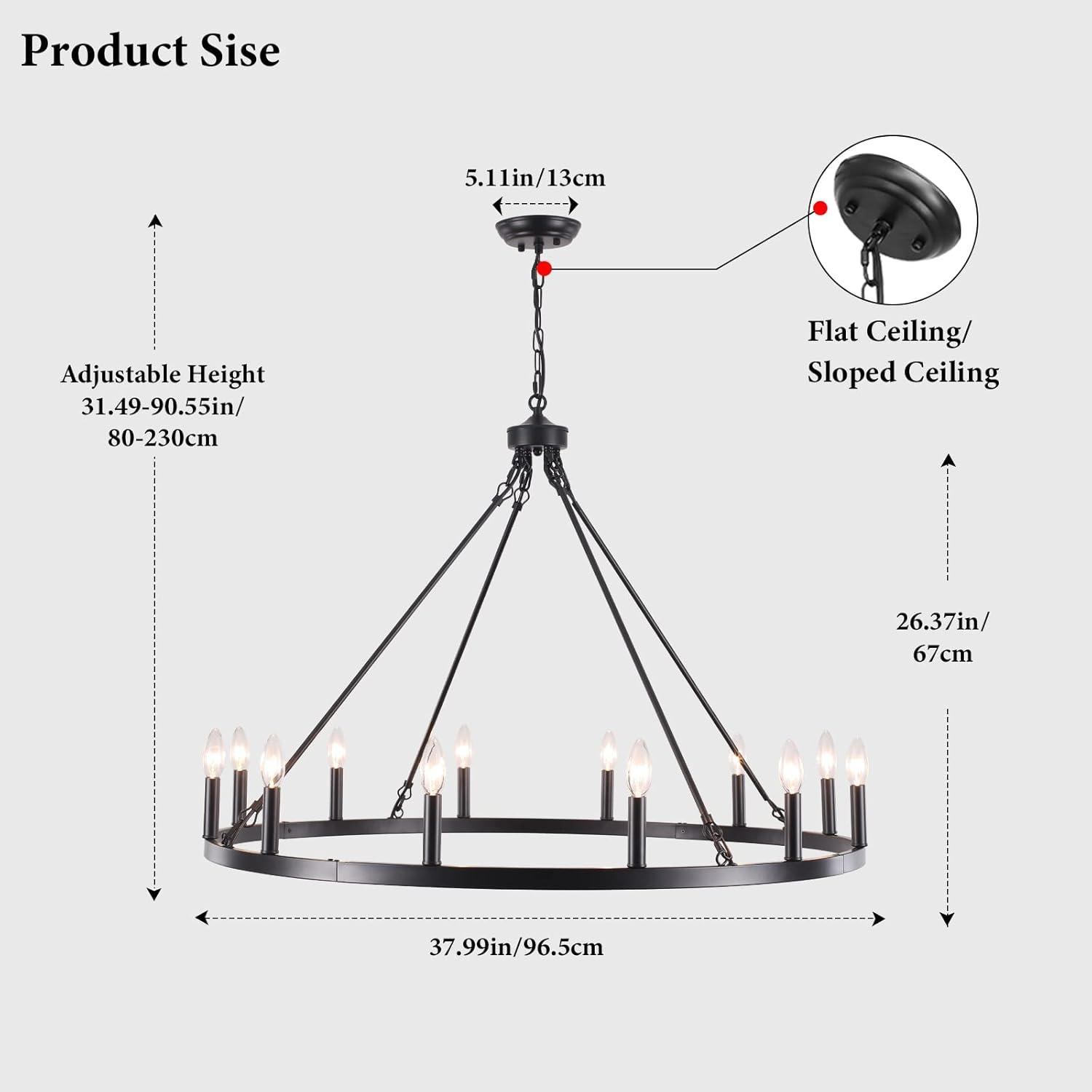 12-Light Black Farmhouse Candle Design Circle Iron Wagon Wheel Chandelier for Dining Room with No Bulbs Included