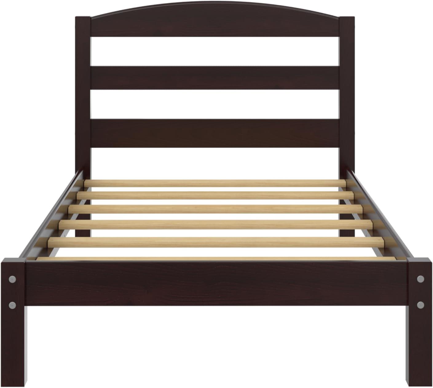 Espresso Pine Twin Platform Bed with Upholstered Headboard