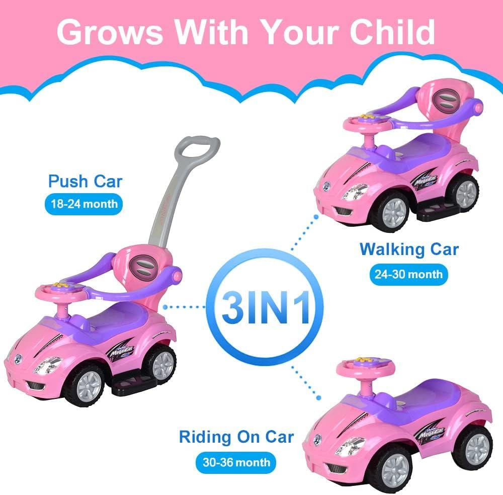 Pink and Purple 3-in-1 Ride-On Push Car for Toddlers