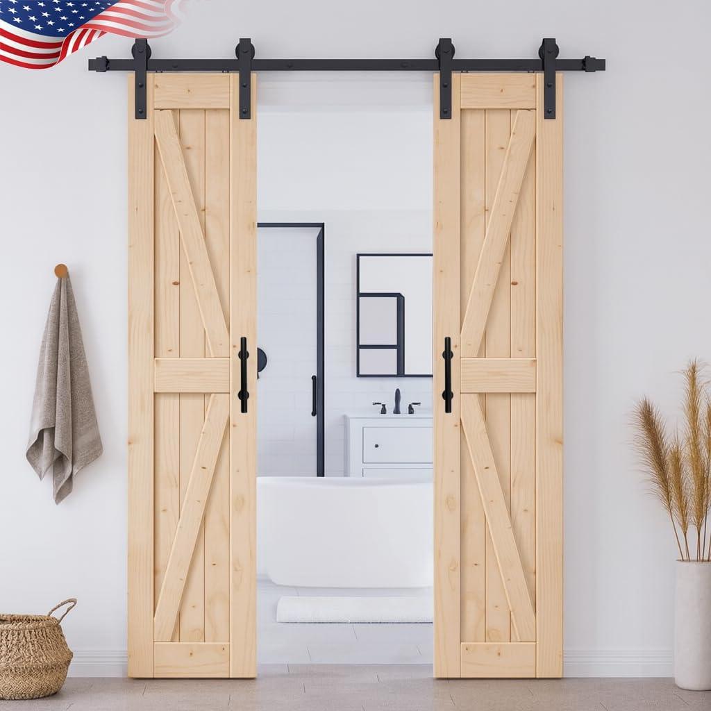 S&Z TOPHAND Paneled Wood Unfinished Barn Door with Installation Hardware Kit