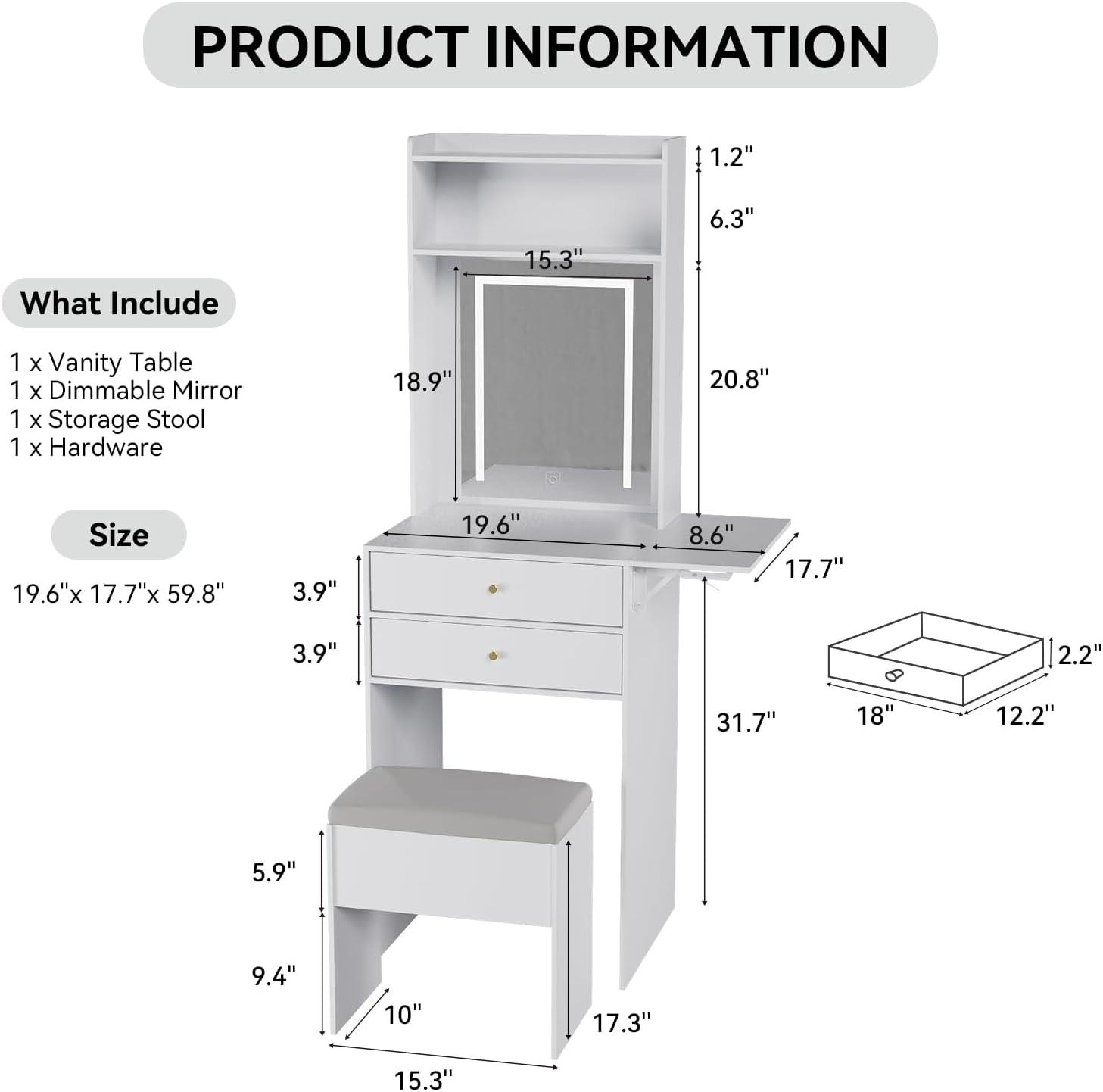 ZHIBING Small Vanity Desk Set with 3 Adjustable Lighted Mirror and Storage Chair, Makeup Vanity Table for Small Space, White Dressing Table with Fold-up Panel for Bedroom