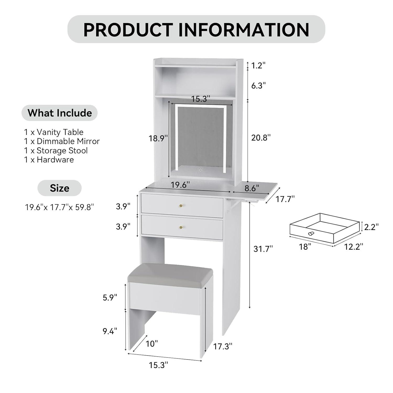 White Small Vanity Desk Set with Mirror and Lights Makeup Table with Drawer, Storage Chair, and Fold-up Panel for Small Space Bedroom