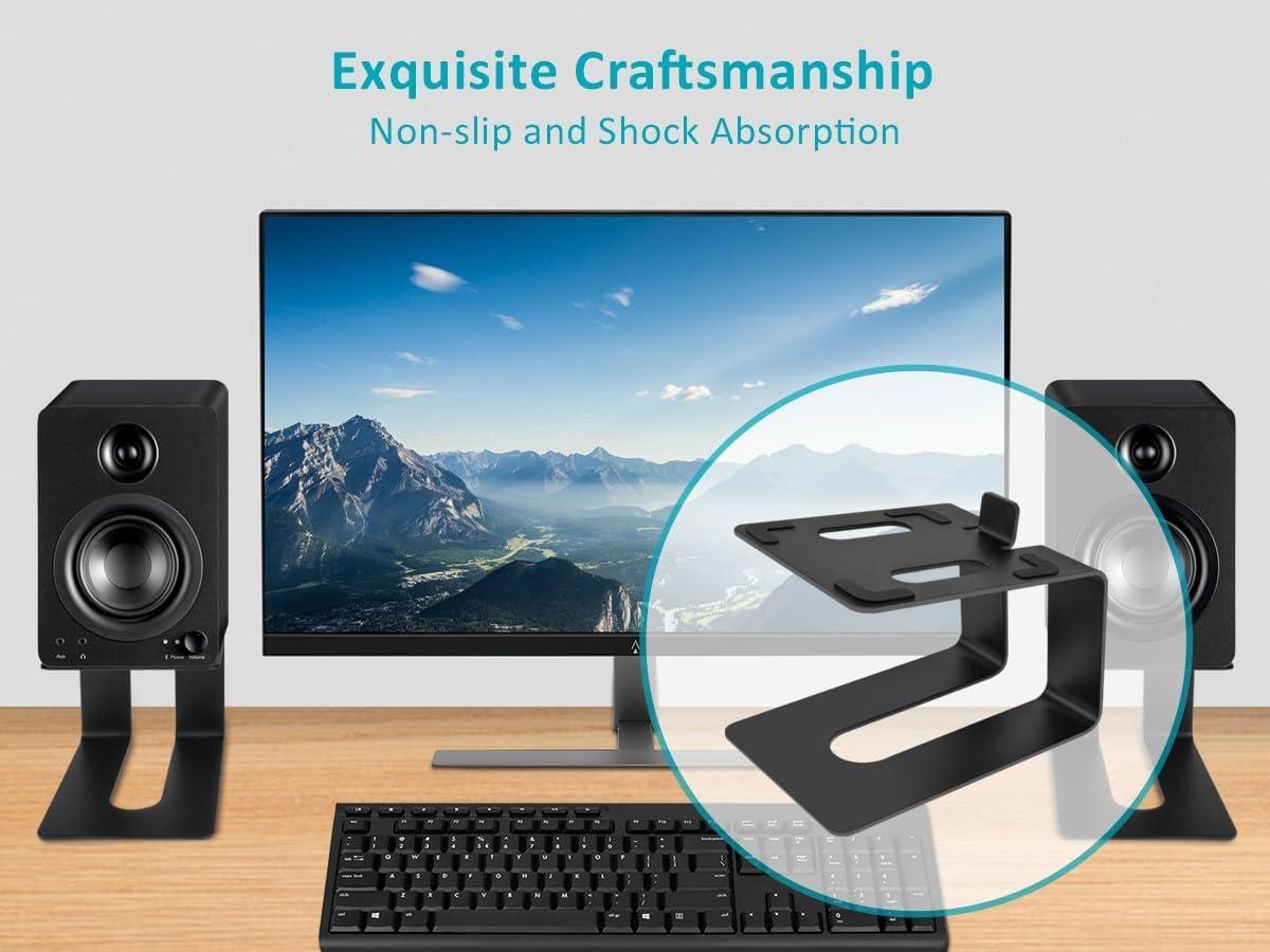 Monoprice Tilted Metal Desktop Bookshelf Speaker Stands Risers Pair with Vibration Absorption Pads Perfect for Most Bookshelf Speakers Studio Monitors