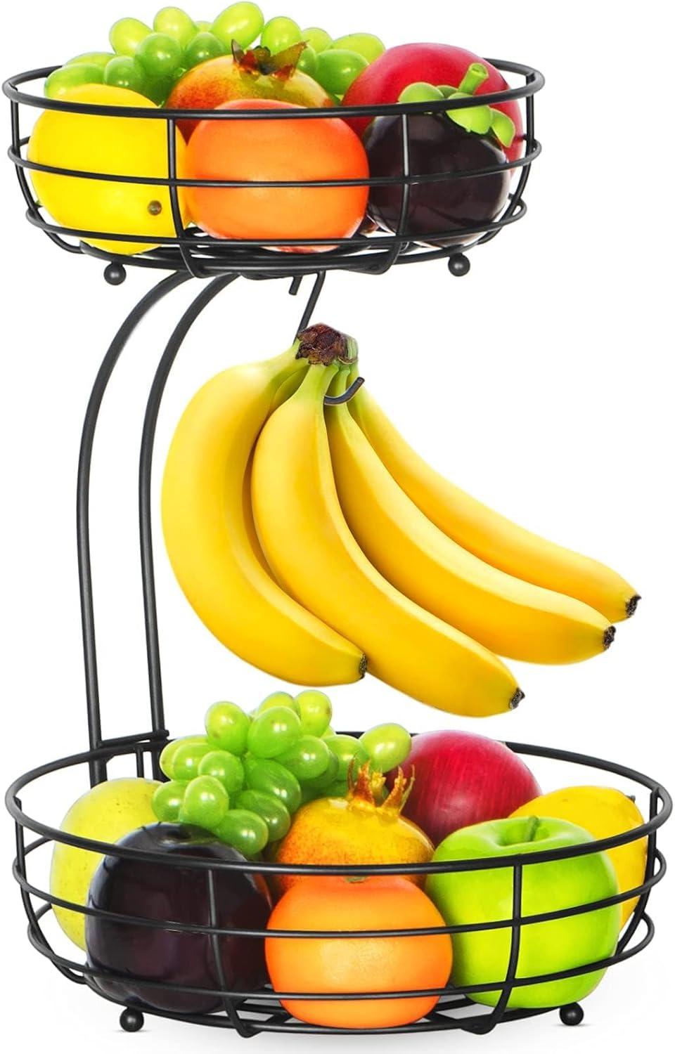Bextsrack Fruit Basket for Kitchen Countertop, 2-Tier Vegetable Fruit Bowl with Banana Hanger, Black
