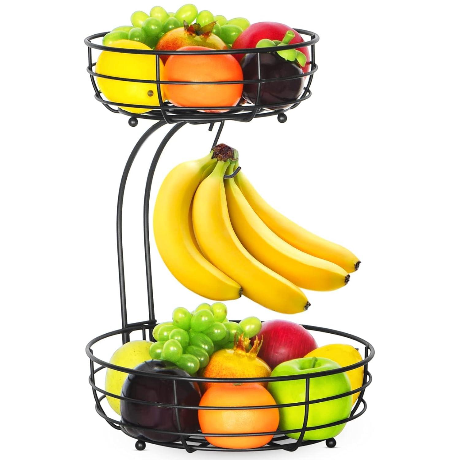 Bextsrack Fruit Basket for Kitchen Countertop, 2-Tier Vegetable Fruit Bowl with Banana Hanger, Black