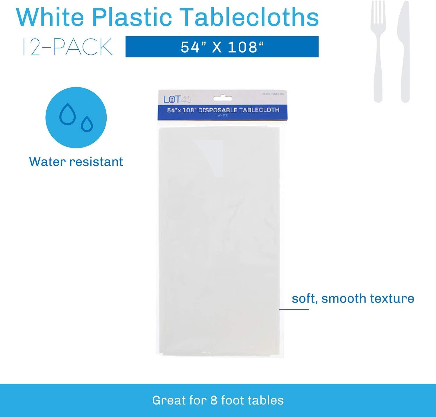 Lot45 White Plastic Tablecloths - 54 x 108 IN Disposable Table Covers, 12pk