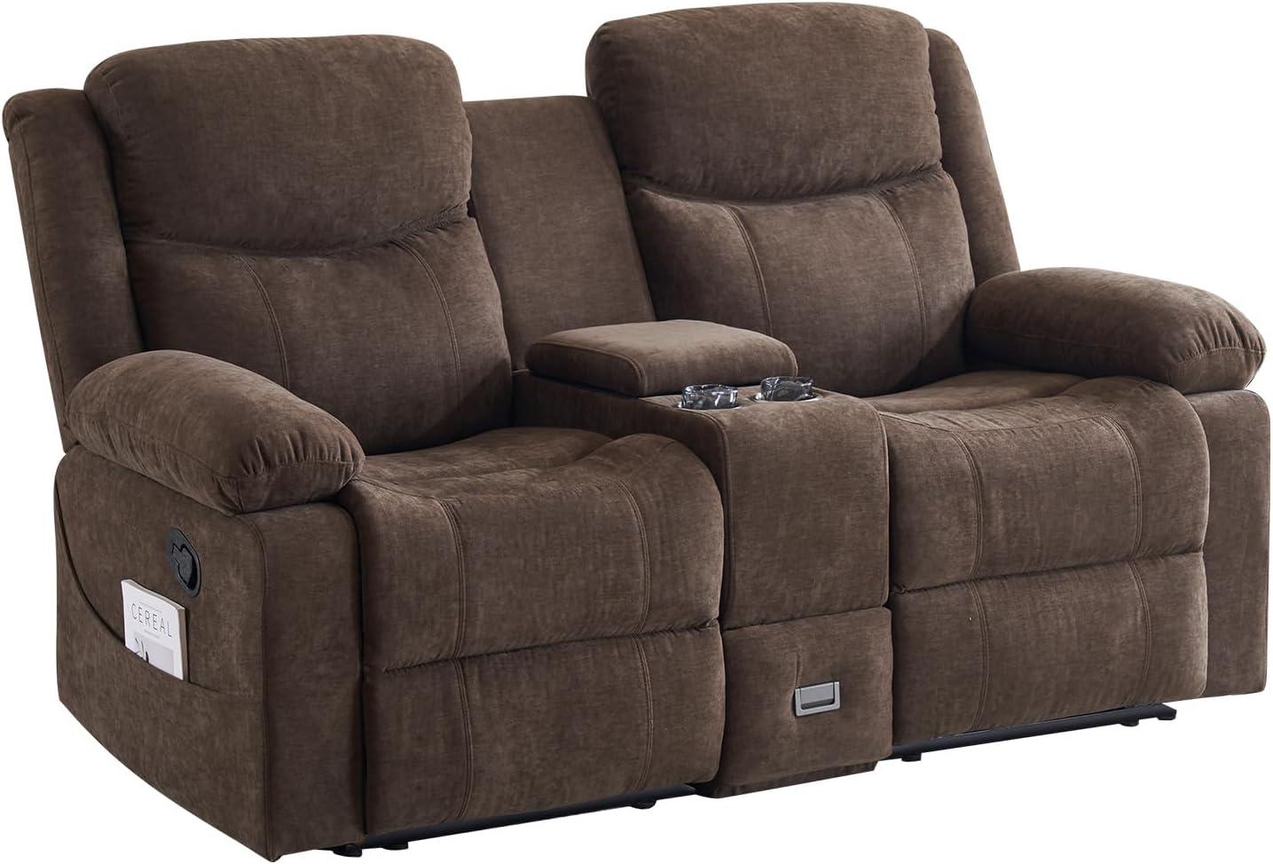 Loveseat Recliner Sofa, Manual Recliner Loveseat with Console, Modern Chenille Sofa Sleeper Deep Couches with Cup Holders and Side Pocket for Living Room/Office/Apartment (Brown)