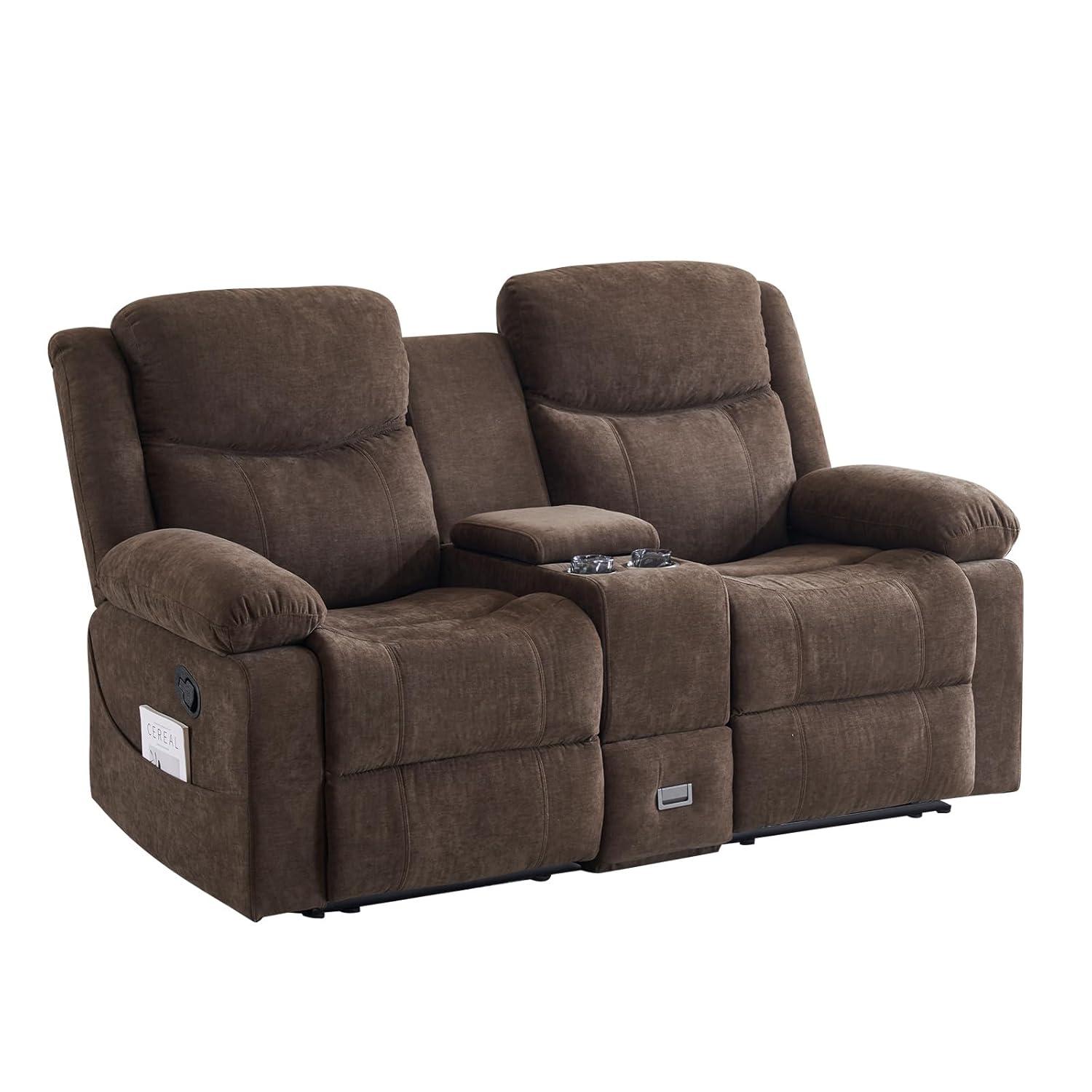 Loveseat Recliner Sofa, Manual Recliner Loveseat with Console, Modern Chenille Sofa Sleeper Deep Couches with Cup Holders and Side Pocket for Living Room/Office/Apartment (Brown)