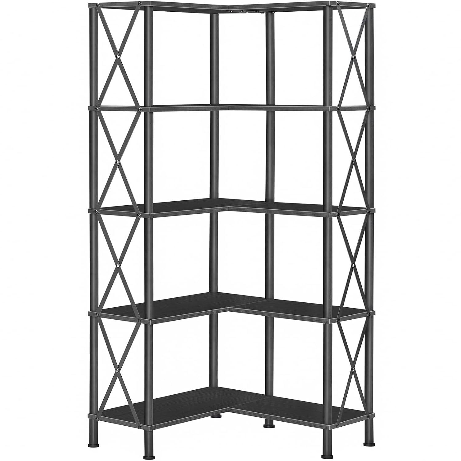 HOOBRO Corner Bookshelf, 5-Tier L-Shaped Bookcase, Industrial Open Display Shelf Tall Storage Organizer, Vertical Storage Rack, for Living Room, Home Office, Black BB60SJ01