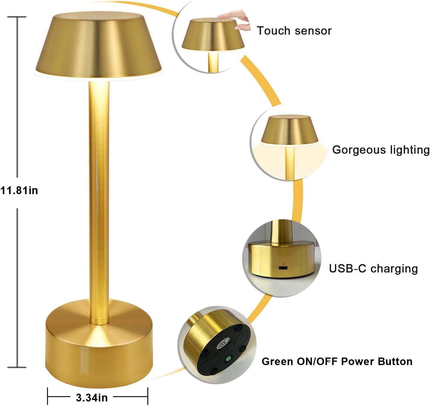 Egobasic Cordless Table Lamps, Modern Rechargeable Battery LED Desk Touch Night Light, 11.8" Metal Minimalist Small Portable Lamps for Dinner Coffee Table Restaurant Bedroom Bar Hotel, Gold