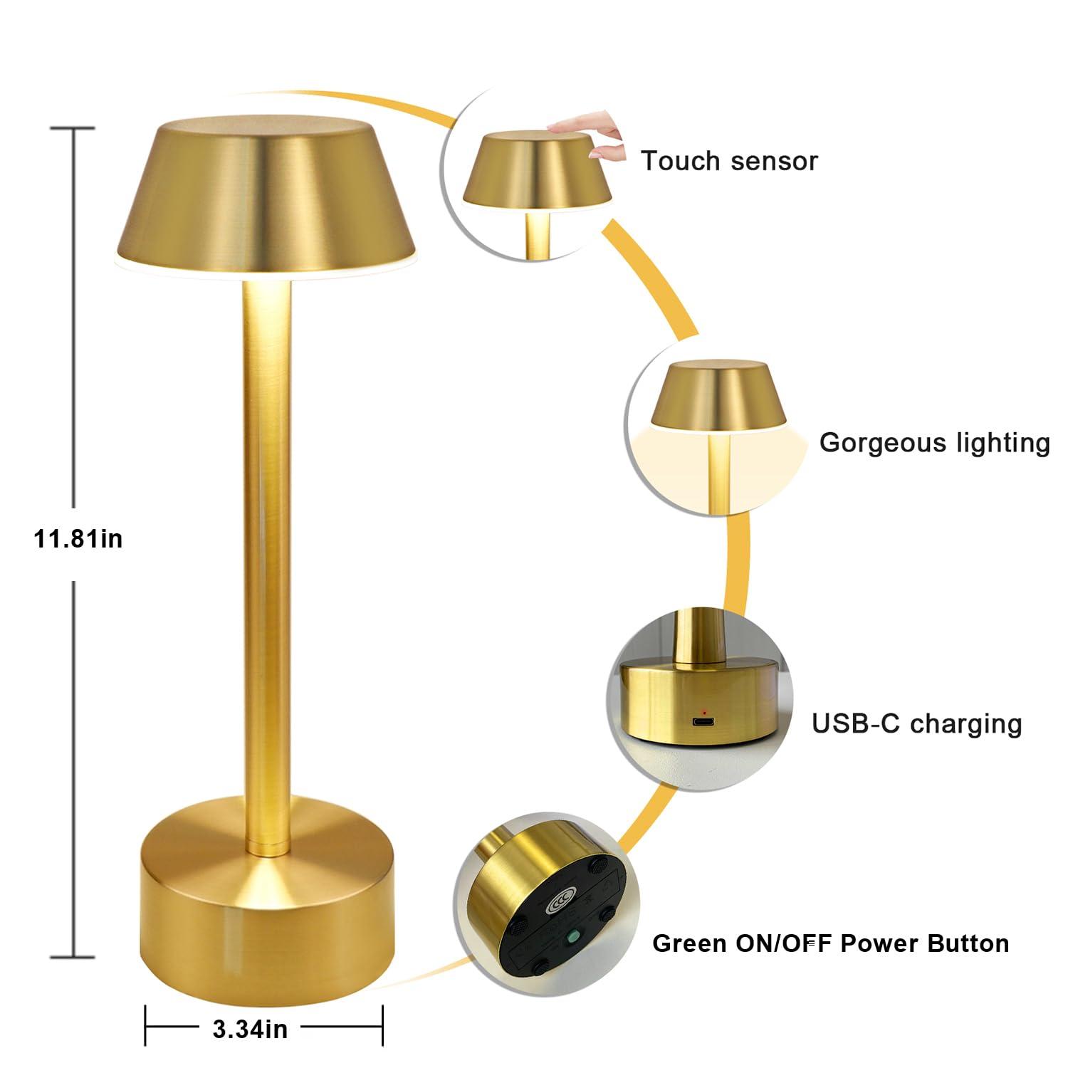 Egobasic Cordless Table Lamps, Modern Rechargeable Battery LED Desk Touch Night Light, 11.8" Metal Minimalist Small Portable Lamps for Dinner Coffee Table Restaurant Bedroom Bar Hotel, Gold