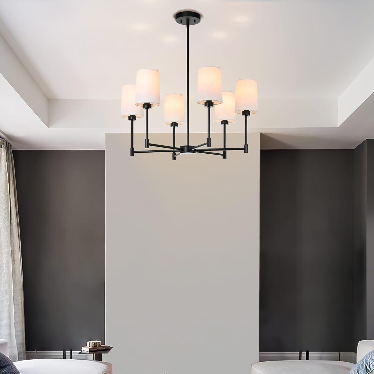 Chandeliers, 6 Light Chandelier With Fabric Shade, Modern Pendant Lighting