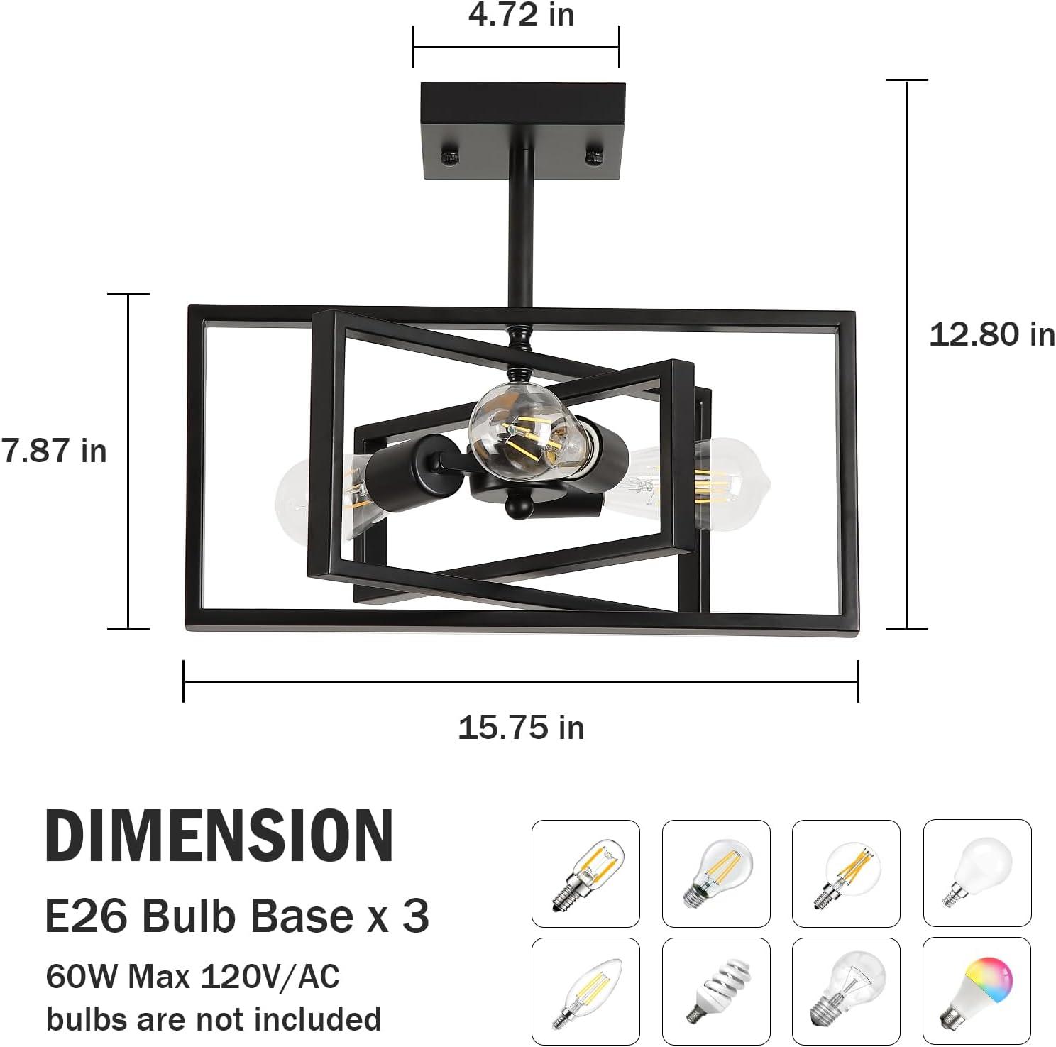 Black Semi Flush Mount Ceiling Light Fixture, 3-Light Modern Farmhouse Ceiling Light, Industrial Metal Chandelier Ceiling Lamp for Kitchen Entryway Bedroom Foyer Hallway, E26 Socket
