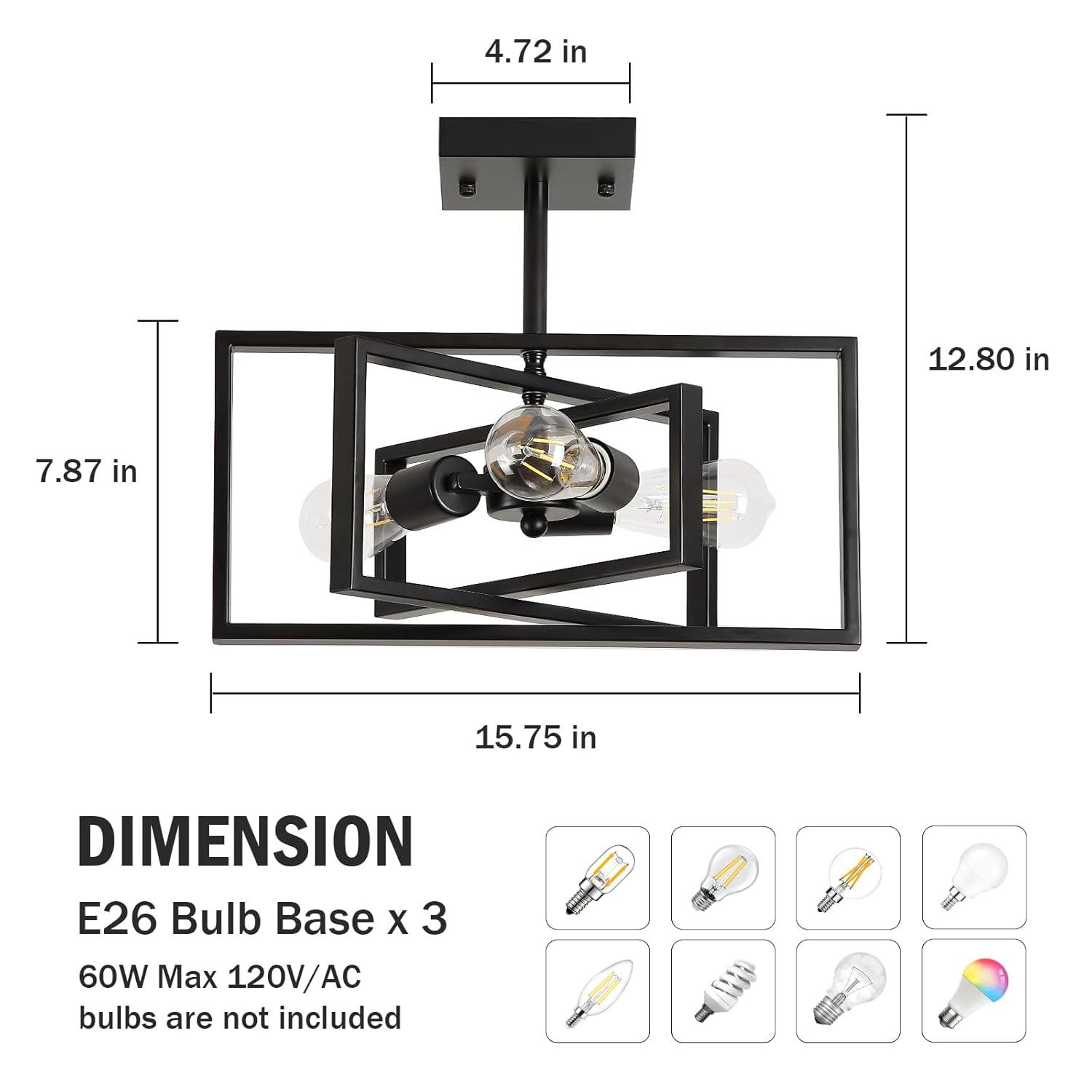 Black Semi Flush Mount Ceiling Light Fixture, 3-Light Modern Farmhouse Ceiling Light, Industrial Metal Chandelier Ceiling Lamp for Kitchen Entryway Bedroom Foyer Hallway, E26 Socket