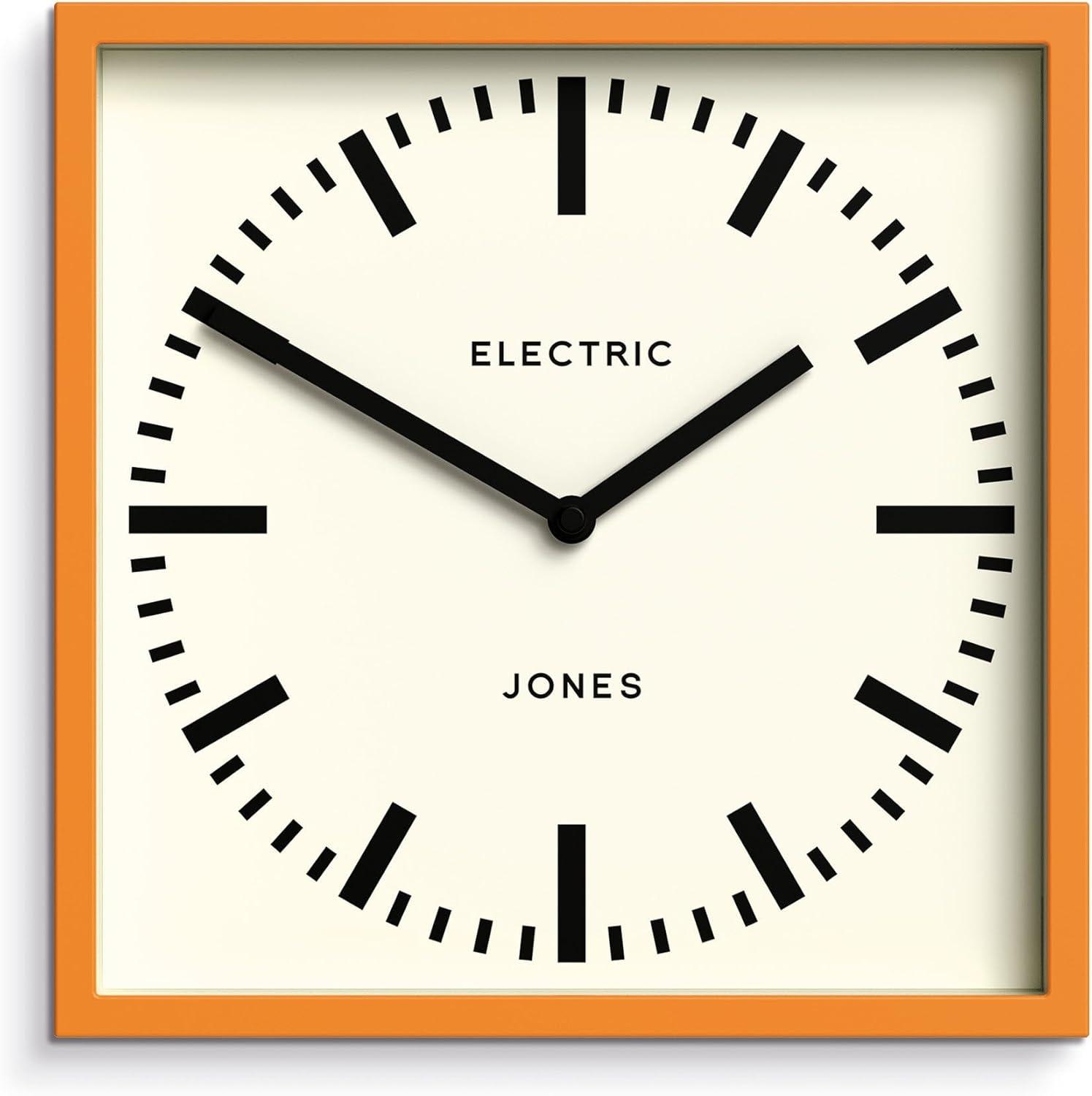 JONES CLOCKS® Box Railway Wall Clock | Square Station Clock | 10 inch | Cool Designer Look for Kitchen, Living Room or Office (Orange)