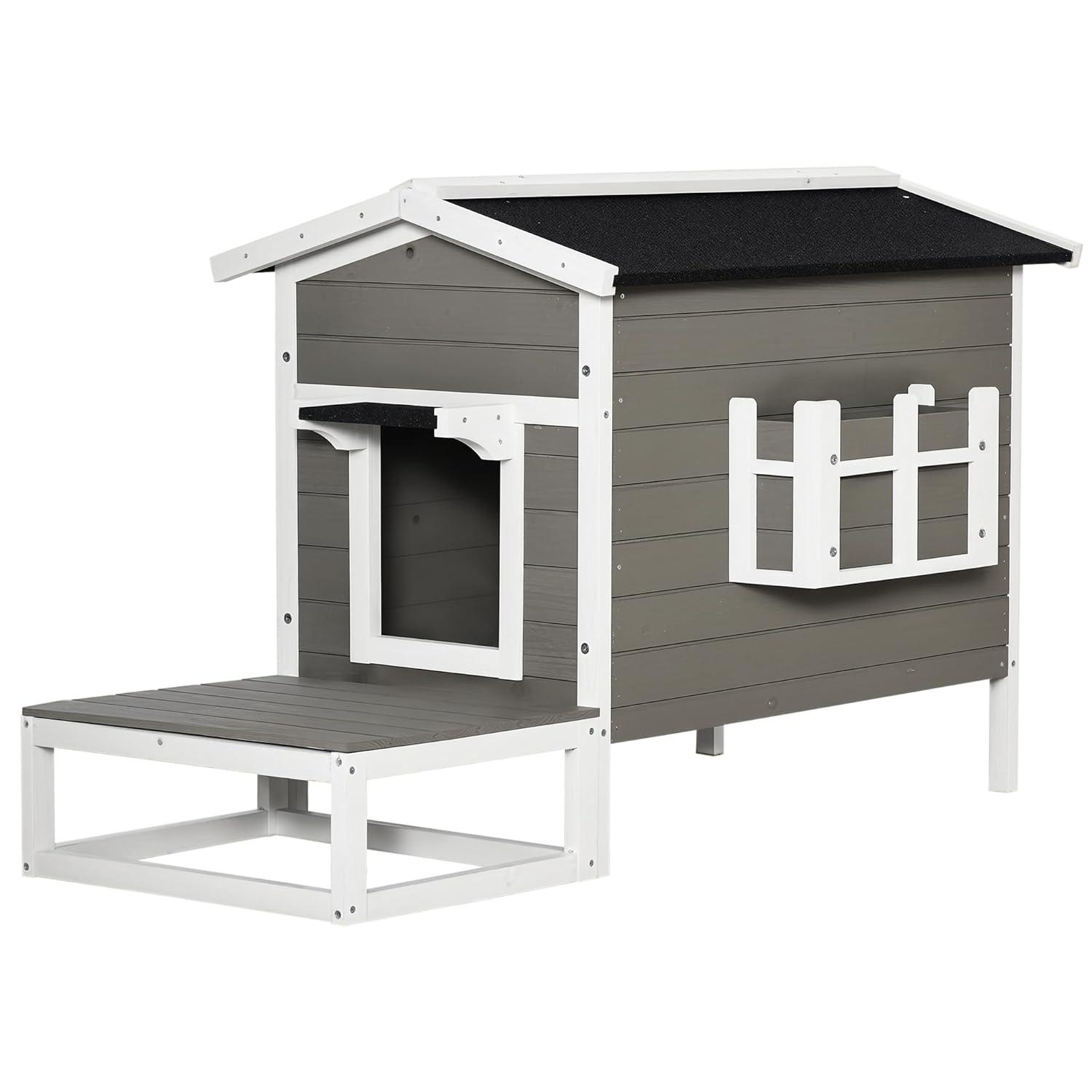 PawHut Wooden Wooden Cat House Feral Cat Shelter Kitten Condo with Escape Door, Porch and Flower Stand - Dark Gray/White