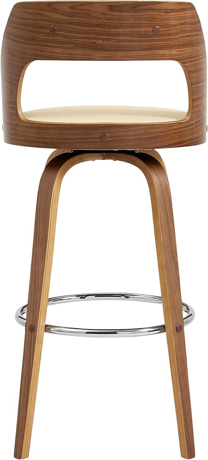 Cream Faux Leather and Walnut Wood Swivel Bar Stool