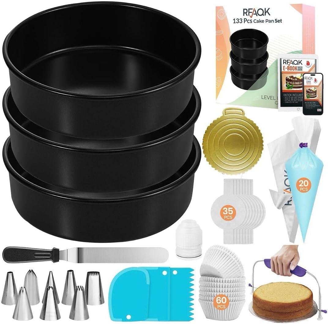 RFAQK 133PCs Round Cake Pans Sets for Baking + Cake Decorating Supplies - 3 Non-Stick 8 Inch Cake Pan with Baking Supplies, Piping Tips, Cake Leveler, Icing Spatula and 35 Parchment Papers with eBook