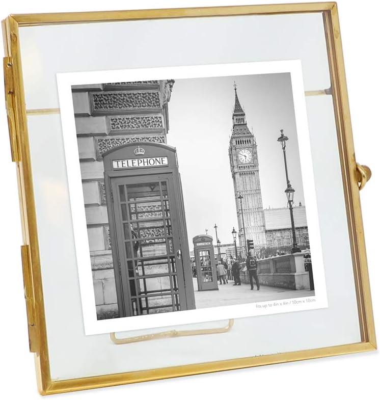 Antique Gold Brass and Glass Floating 4x4 Photo Frame