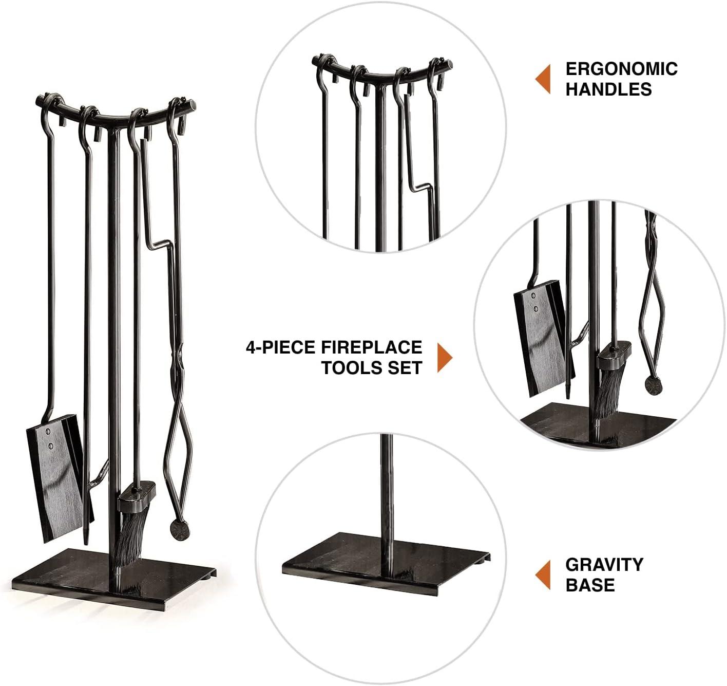 2wayz Fireplace Tools Set, 5 pcs Glossy-Finish Fireplace Accessories - Powder Coated Poker, Shovel, Tongs & Brush. Easy-to-Assemble Fire Poker Set for Chimney Fire Pit Tools