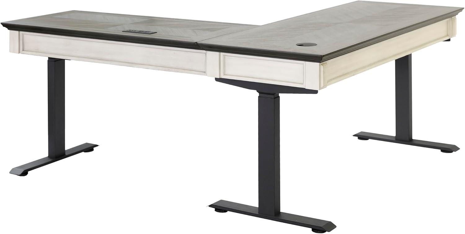 White and Gray Adjustable Height Standing Desk with Drawer and Power Outlet