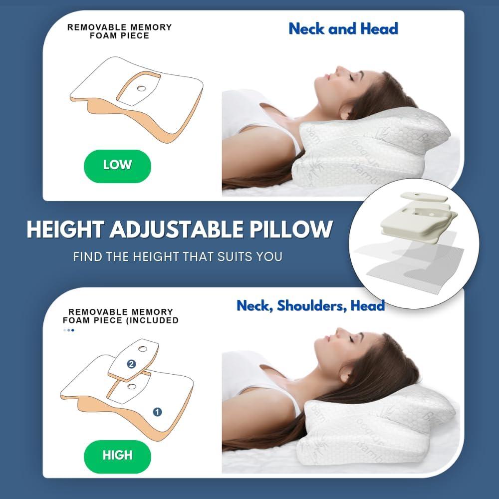 Cervical Neck Pillow for Neck Pain Relief and Shoulder - Bamboo Rayon Memory Foam Ergonomic Pillow for Sleeping, Adjustable Orthopedic Contour Neck Support Cooling Pillow - Back and Side Sleepers