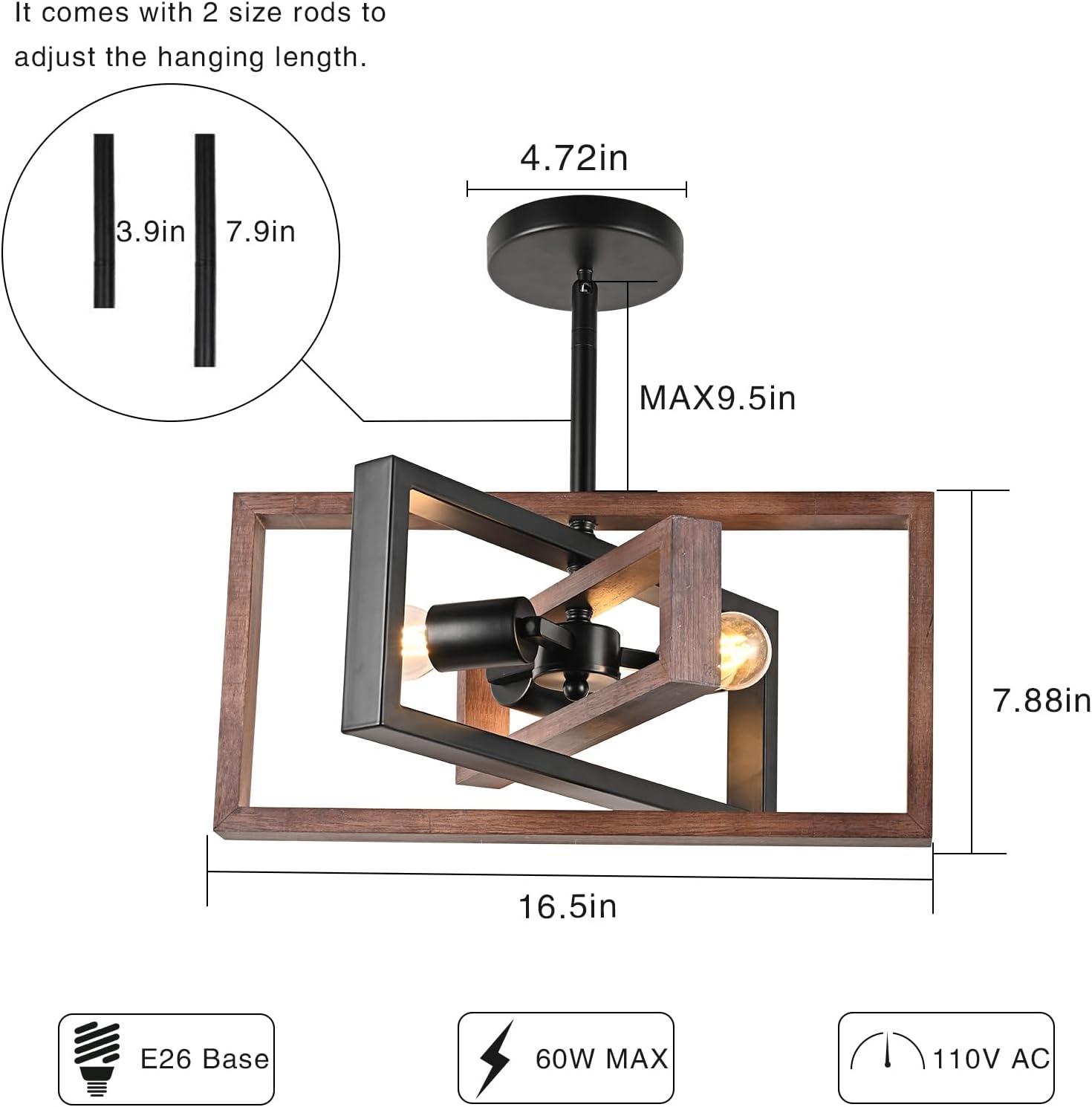 3-Light Black Ceiling Light Fixture for Dining Room Foyer Modern Farmhouse Lighting Fixtures Semi Flush Mount Rectangle Metal Ceiling Light for Bedroom Kitchen Island Entryway 15.74''