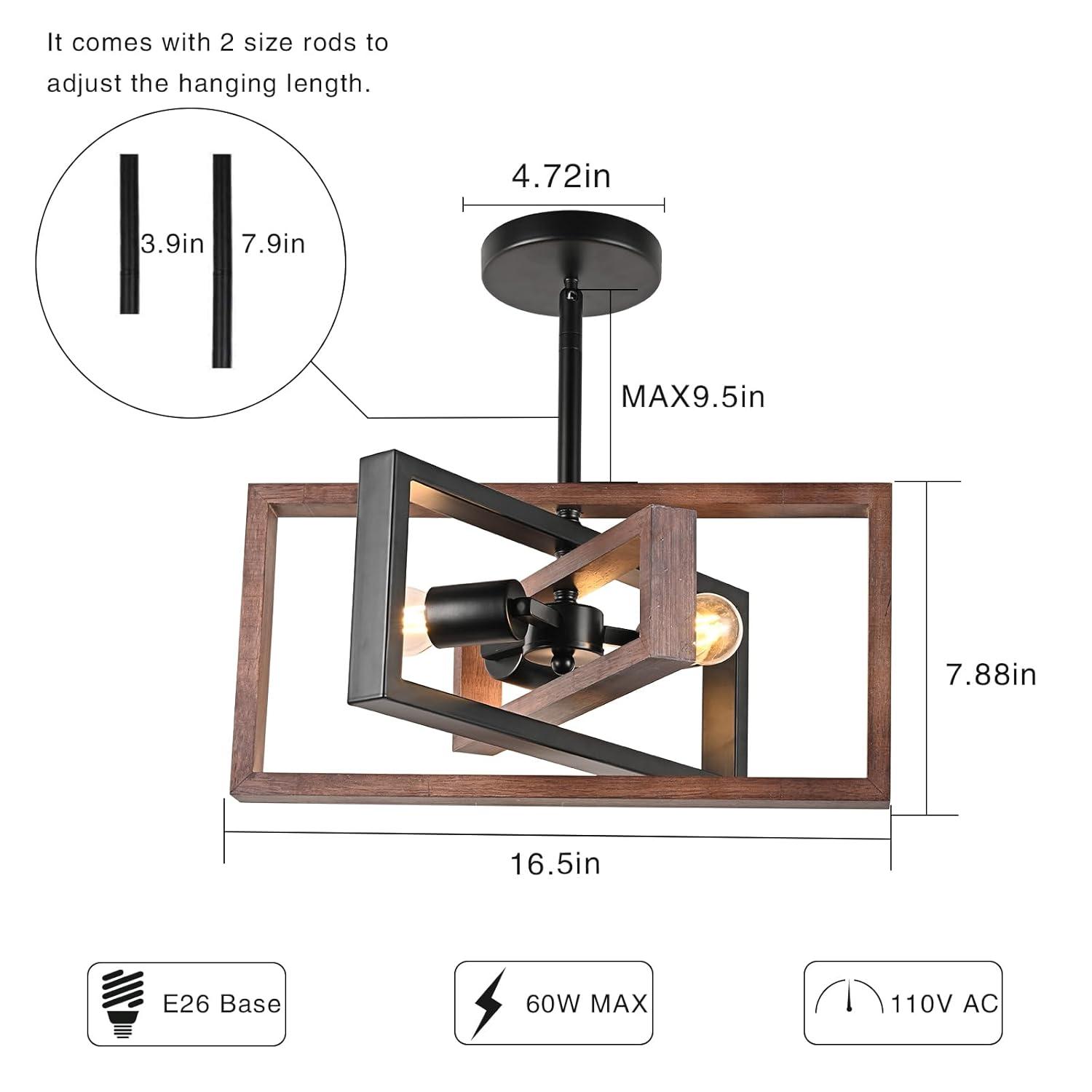 3-Light Black Ceiling Light Fixture for Dining Room Foyer Modern Farmhouse Lighting Fixtures Semi Flush Mount Rectangle Metal Ceiling Light for Bedroom Kitchen Island Entryway 15.74''
