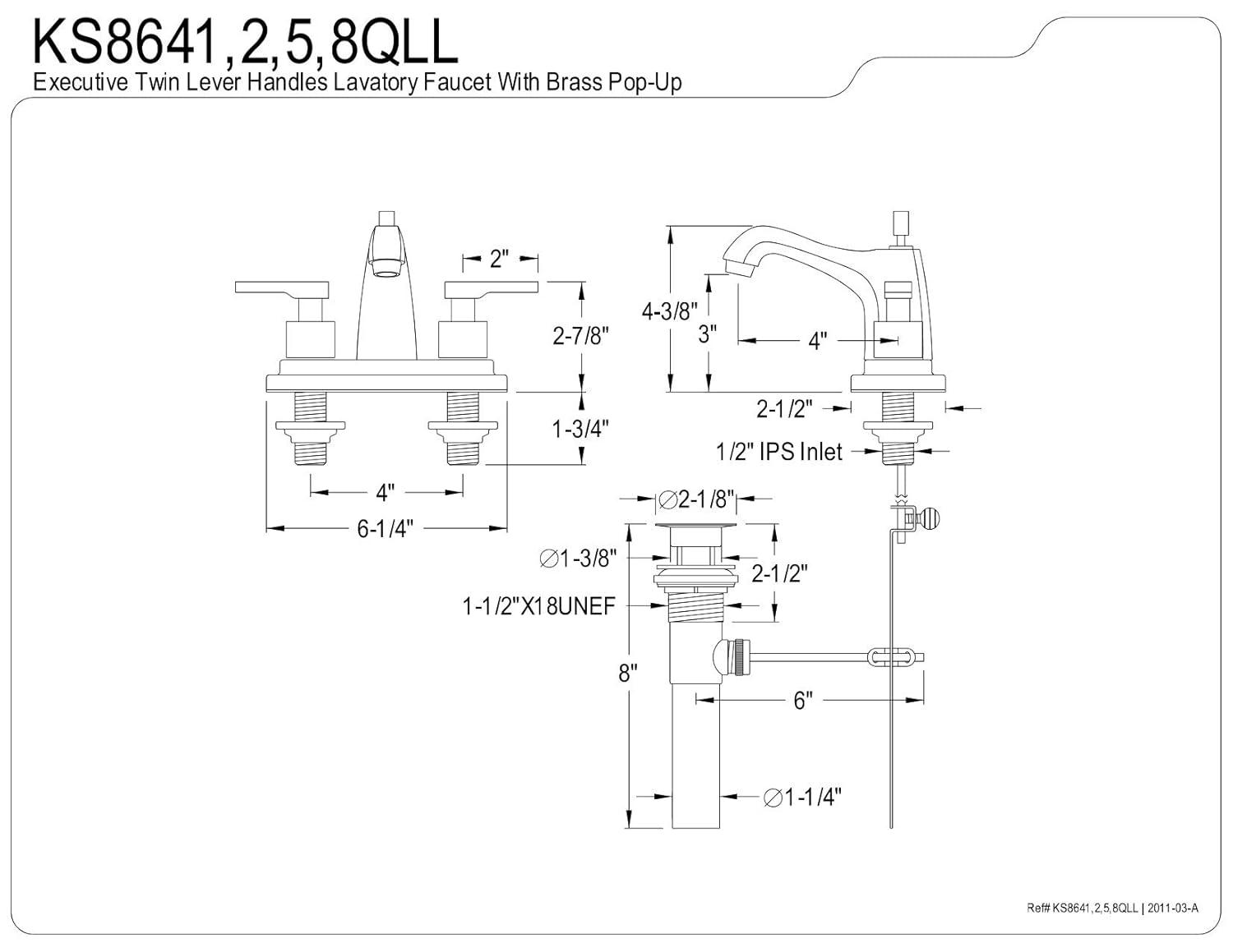 Kingston Brass Executive Two-Handle 3-Hole Deck Mount 4" Centerset Bathroom Faucet with Brass Pop-Up