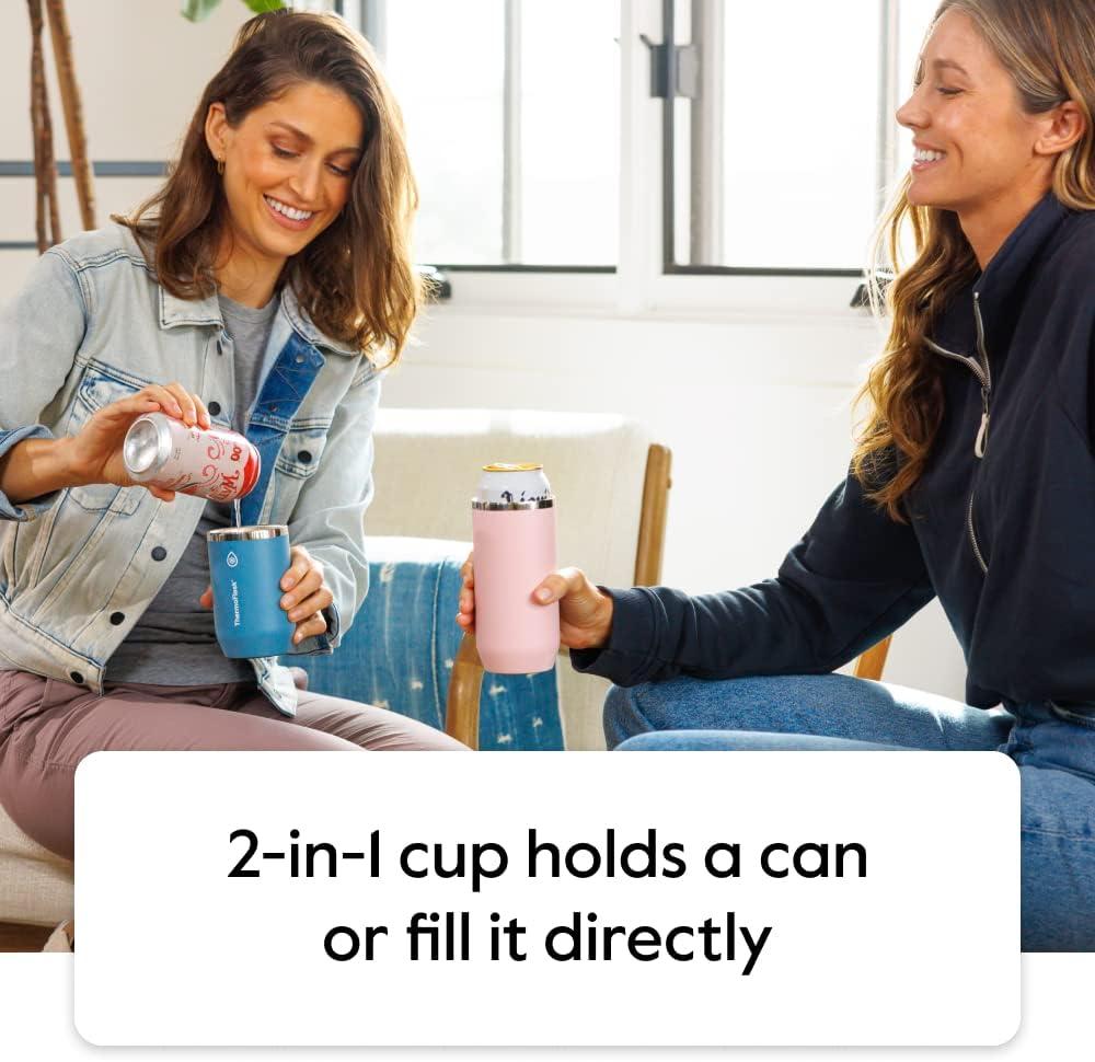 ThermoFlask 2-in-1 Vacuum Insulated Can Cooler Cup, 12 oz, Fits Slim Size Cans, Sweatproof, Non-Slip Base, Jet Black