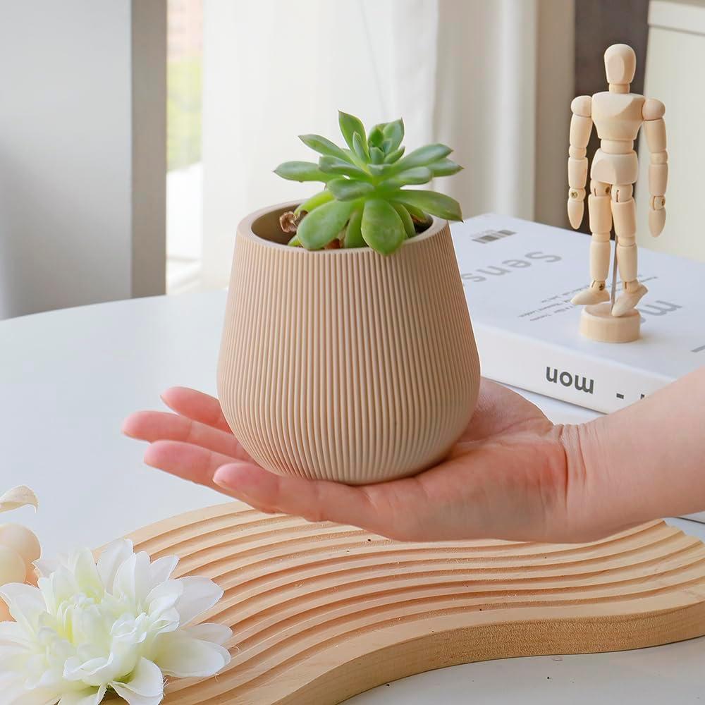 Koyal Wholesale 4" Desert Tan Ribbed Short Vases for Flowers, Fluted Flower Vase, Small Boho Vase, Mid Century Modern