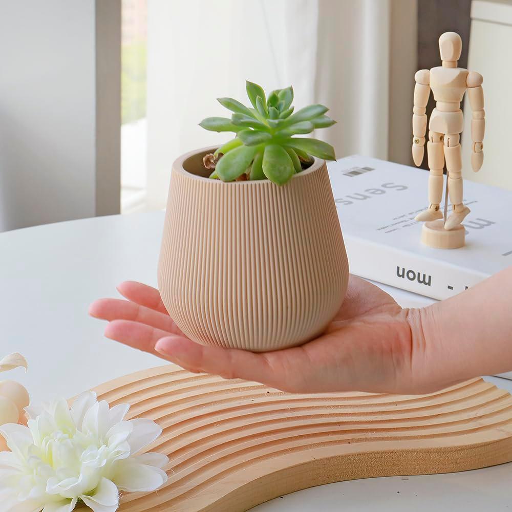 Koyal Wholesale 4" Desert Tan Ribbed Short Vases for Flowers, Fluted Flower Vase, Small Boho Vase, Mid Century Modern