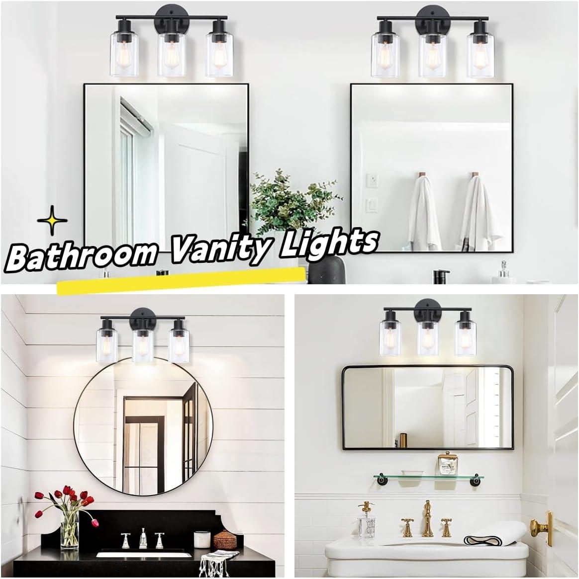 3-Light Bathroom Light Fixtures Bathroom Vanity Lights with Clear Glass Shades Matte Black Bathroom Light Fixtures over mirror for Mirror Living Room Cabinet Bedroom Porch