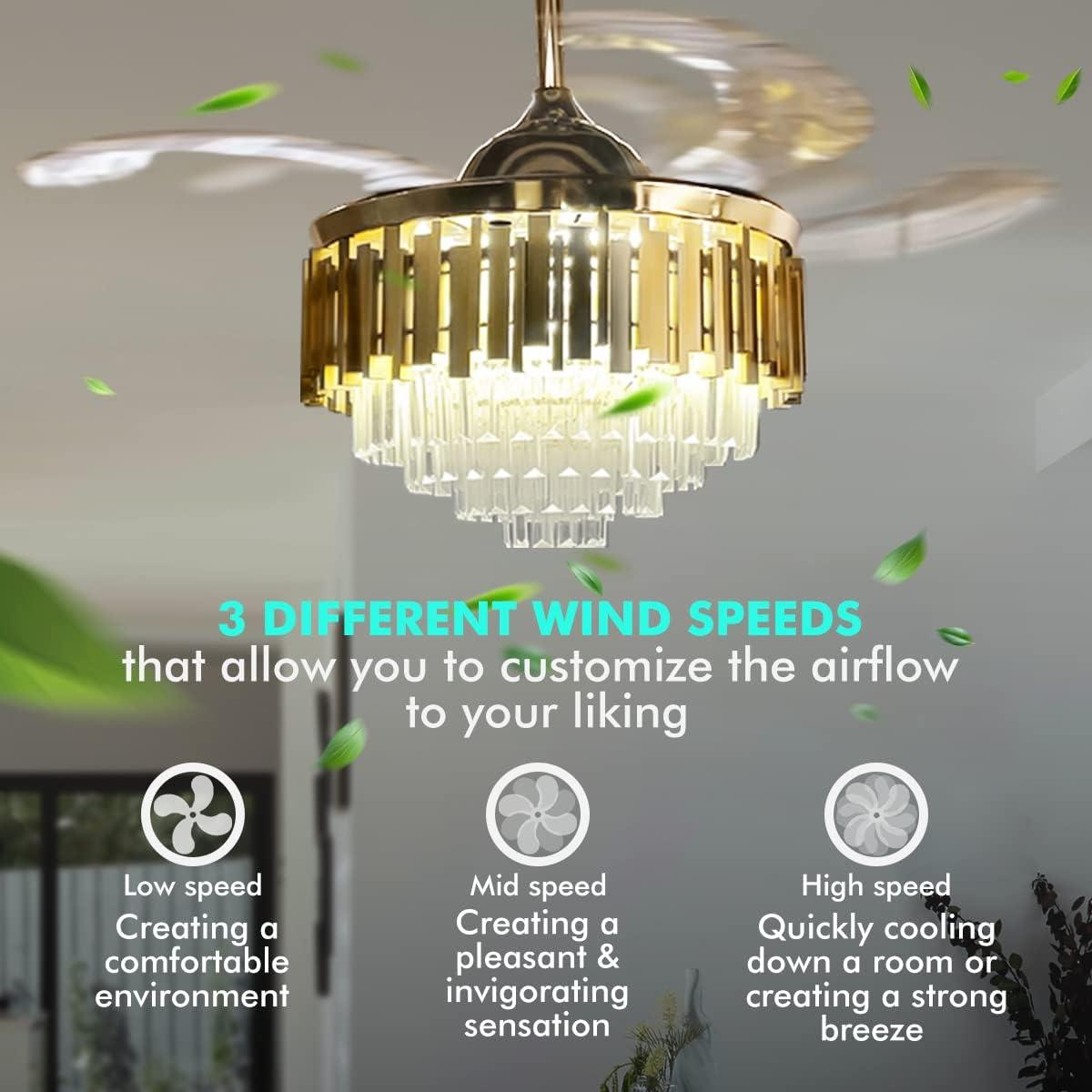 HOOMEDELIER 42" Chandelier Ceiling Fan with Remote, Crystal Beads Framed Fan with 4 Retractable Blades Smart Indoor Fandelier Fan