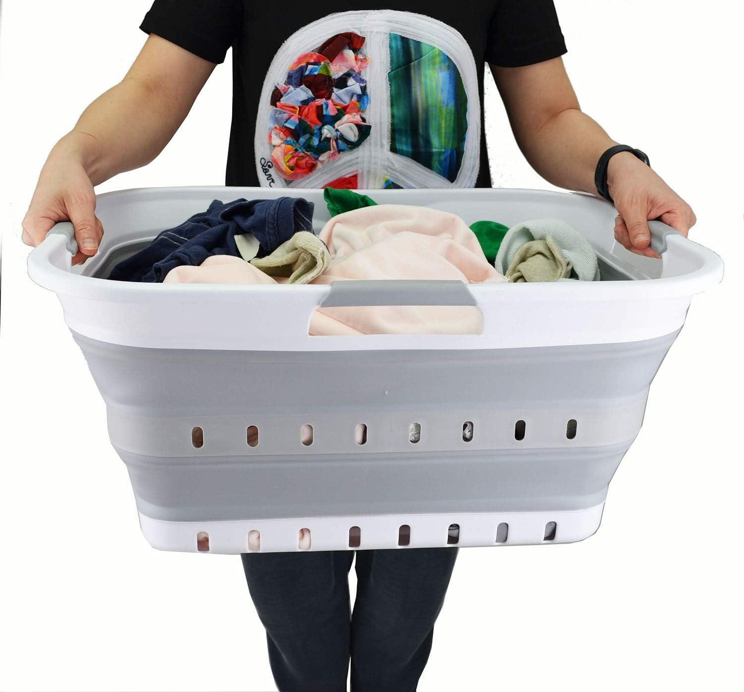 SAMMART 42L (11 gallon) Collapsible Plastic Laundry Basket, White/Grey