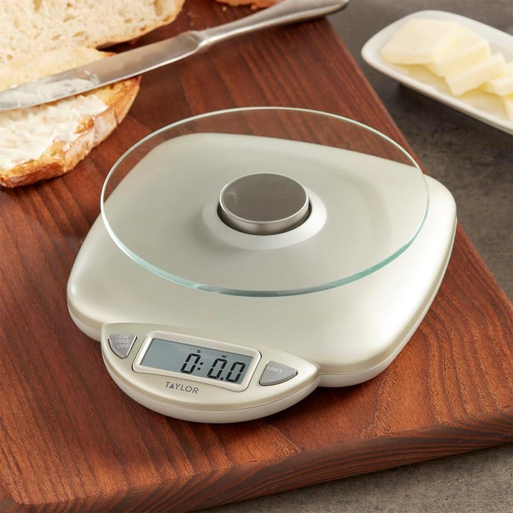 Taylor 11lb Glass Platform Digital Food Scale: Kitchen Scale with LCD Display, Silver, Battery Included