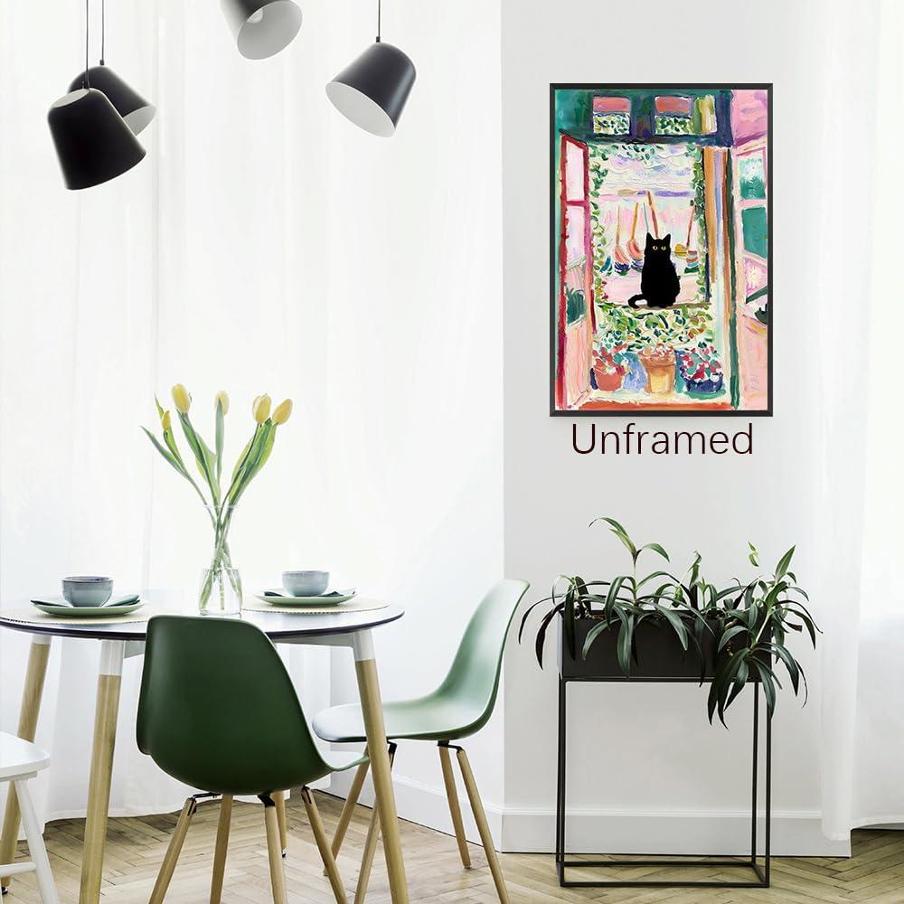 Henri Matisse Oil Paintings on Canvas Wall Art Matisse Famous Open Window Black Cat Poster Funny Cat Floral Print Colorful Farmhouse Gallery Aesthetic Room Decor for Bedroom Bathroom 12x16in Unframed