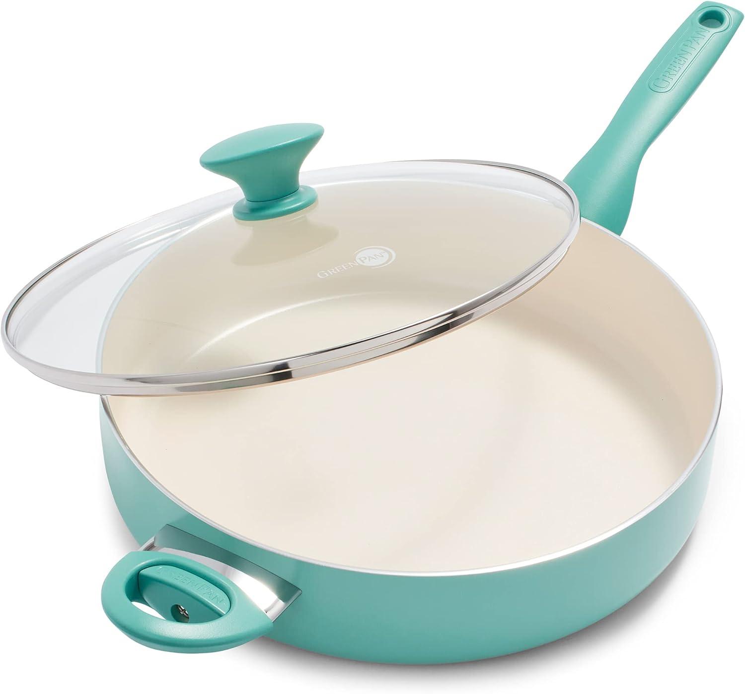 Rio 5 qt. Healthy Ceramic Nonstick Saute Pan with Helper Handle and Lid in Turquoise