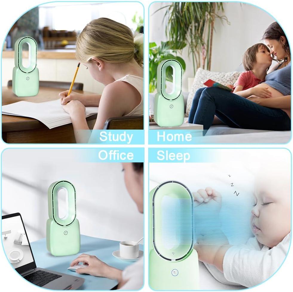 CONBOLA Desk Fan, 11.8 Inch Bladeless Fan Small Table Fan Air Cooler, Portable Rechargeable Breeze Quiet Fan with Touch Control 5-Colors Decorative LED Light for Office Bedroom（Green）